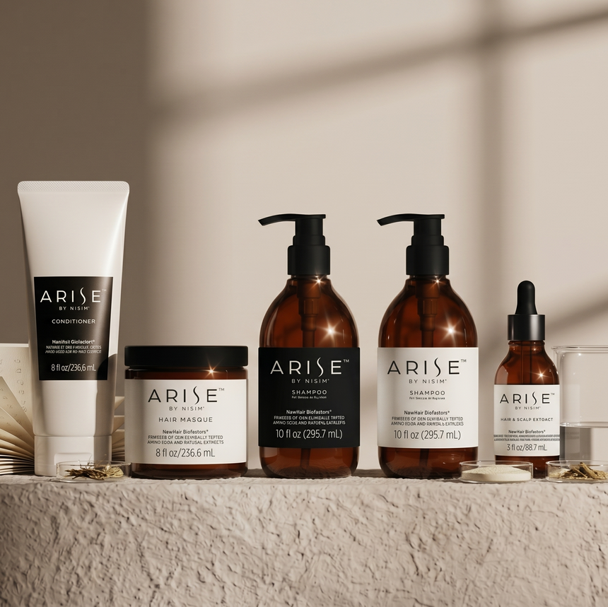 A set of five ARISE skincare and haircare products arranged on a textured stone pedestal against a warm beige wall with soft window shadows. The products include a white tube, a black jar, two amber pump bottles, a small amber dropper bottle, and a clear glass container.